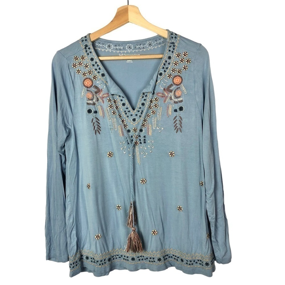 Soft Surroundings Light Blue Embroidered‎ Long Sleeve Blouse M